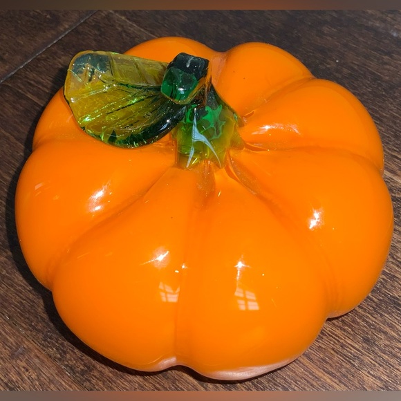 Art Glass Hand Blown Murano Style Orange Pumpkin - Picture 3 of 9